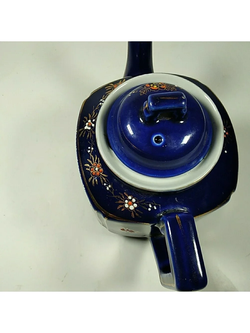 Vintage Cobalt Blue Teapot Tea Pot Flowers Gold Trim TA Made Japan Kitchen Decor